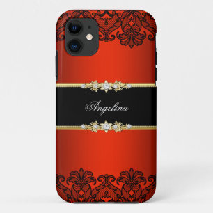 Coque iPhone 11 Élégant Classy Regal Rouge dentelle Noir Or