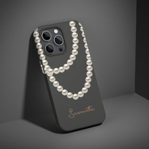 Coque iPhone 15 Pro Max Elégant collier de perle gris