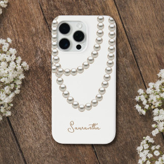 Coque iPhone 15 Pro Max Elégant collier Pearl blanc