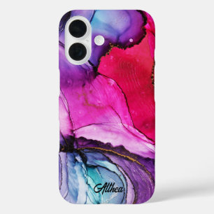 Coque Pour iPhone 16 Élégant couleur, rose, violet marbré Nom personnal