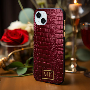 Coque iPhone 15 Mini Élégant Crocodile Bourgogne Monogramme en cuir