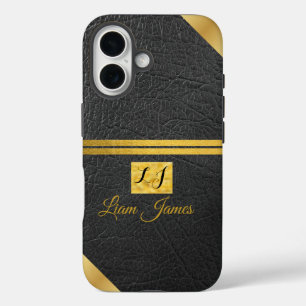 Coque Pour iPhone 16 Élégant cuir noir monogramme personnalisé