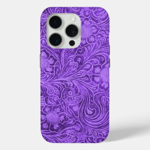 Coque iPhone 15 Pro Elégant cuir violet look floral Embossé Design
