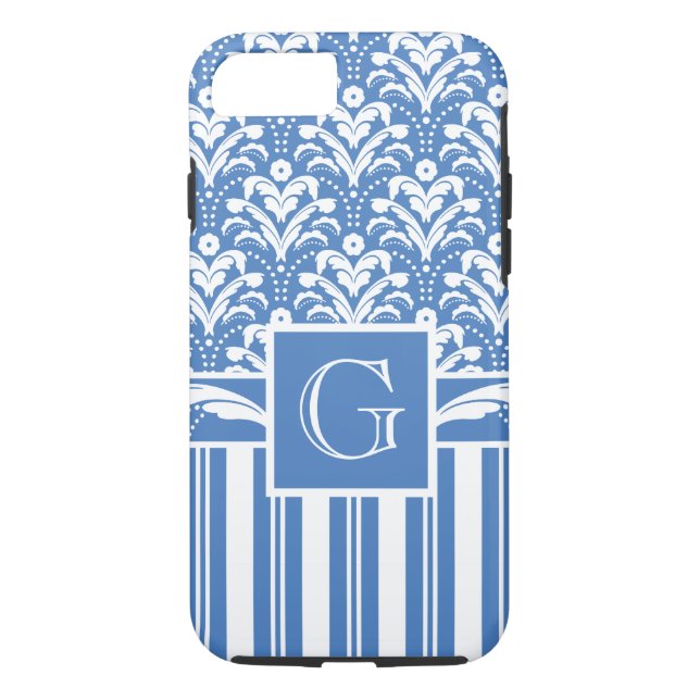 Coques Case-Mate iPhone Elégant Damas Art Déco Bleu et Blanc (Dos)