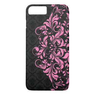 Coque iPhone 7 Plus Elégant Damas Noir & Dentelle Rose