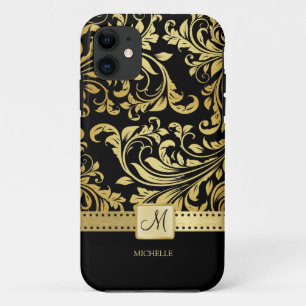 Coque iPhone 11 Élégant Damas noir et or avec monogramme