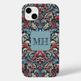 Coque Pour iPhone 14 Plus Elégant damas rouge, blanc et bleu avec monogramme