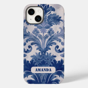 Coque Pour iPhone 14 Élégant damassé Bleu toile de jouy monogramme