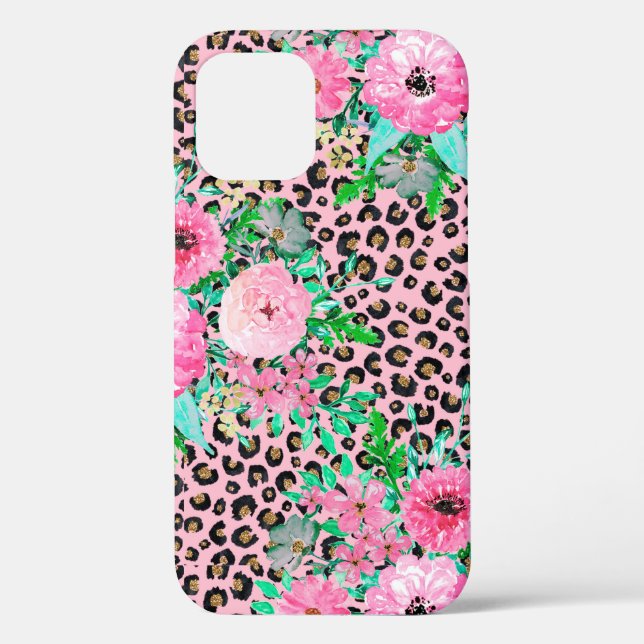 Coques Case-Mate iPhone Elégant Empreinte de léopard rose et design floral (Verso)