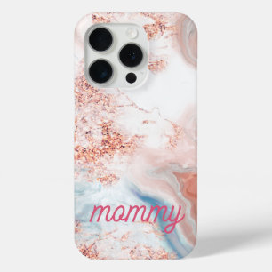 Coque iPhone 15 Pro élégant faux or rose Marbre "Maman" personnalisé