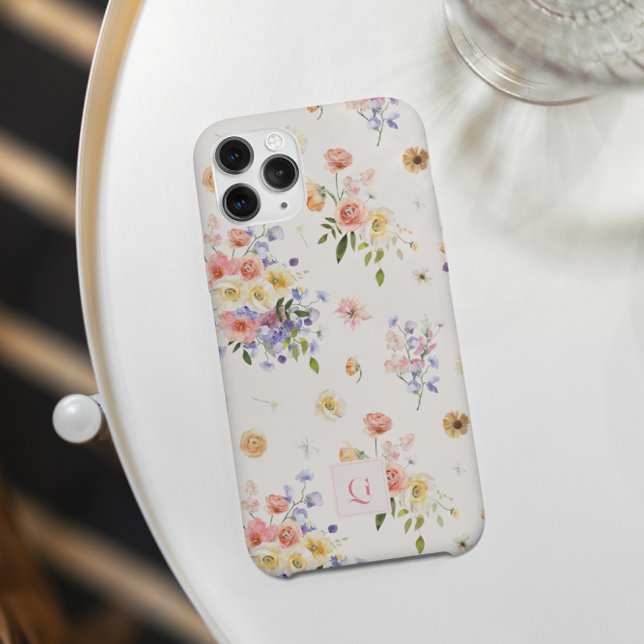 Coques Case-Mate iPhone Élégant Fleur sauvage Boho | Monogramme initial (Créateur téléchargé)