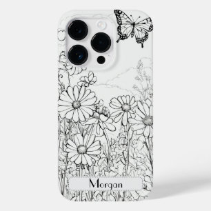 Coque Pour iPhone 14 Pro Élégant Fleur sauvage moderne blanc et noir