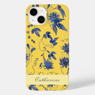 Coque Pour iPhone 14 Elégant Fleurs Bleues Élégantes Mustard Jaune Flor