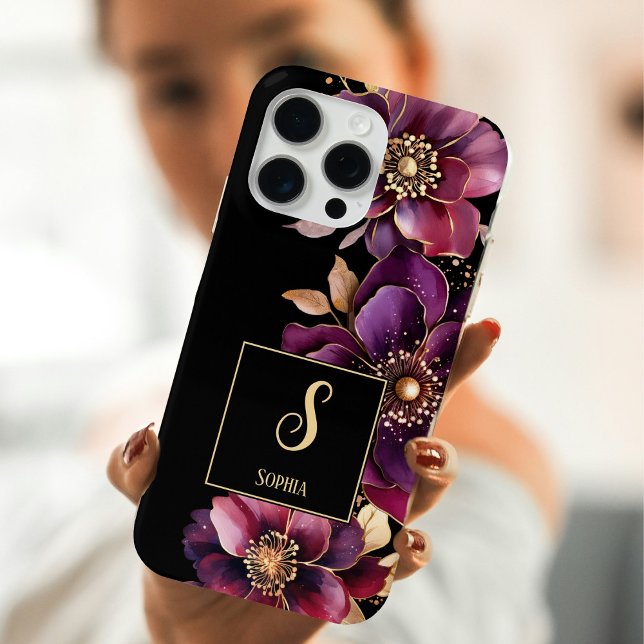 Coques Case-Mate iPhone Élégant Floral Monogramme Noir (Créateur téléchargé)