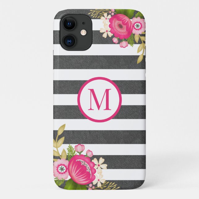 Coques Case-Mate iPhone Élégant floral noir blanc rayure Monogramme (Dos)