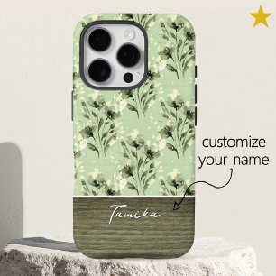 Coques iPhone 16 Pro Élégant floral vert Grain de bois Nom personnalisé
