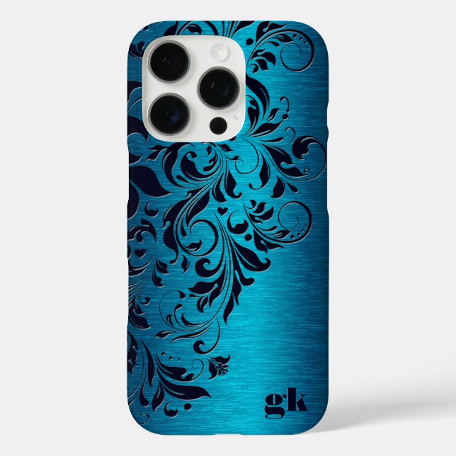 Coques Case-Mate iPhone Élégant Flore Bleu Foncé Sur Bleu Métallique (Verso)
