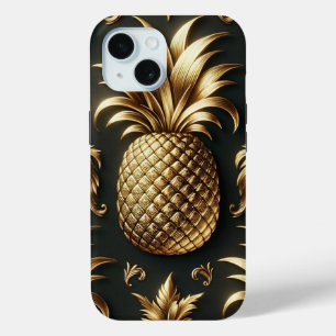 Coque Pour iPhone 15 Élégant Glamour Noir et Or Tropical Pineapple
