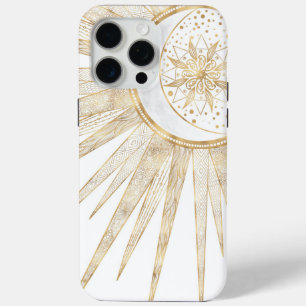 Coque iPhone 15 Pro Max Elegant Gold Doodles Sun Moon Mandala Design