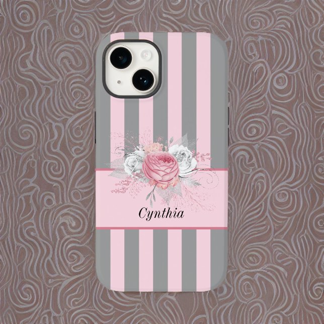 Coques Case-Mate iPhone Elégant Gris et rose rayures et fleurs (Créateur téléchargé)