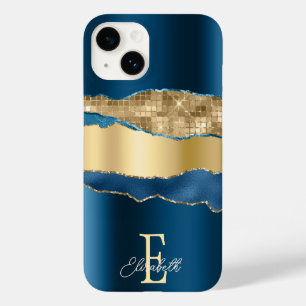 Coque Pour iPhone 14 Élégant Indigo Blue Agate Gold Sequins