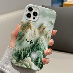 Coques iPhone 16 Pro Élégant jade vert montagnes chinoiserie monogramme