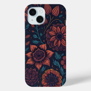 Coque Pour iPhone 15 Élégant joli moderne Art floral rouge et bleu fonc