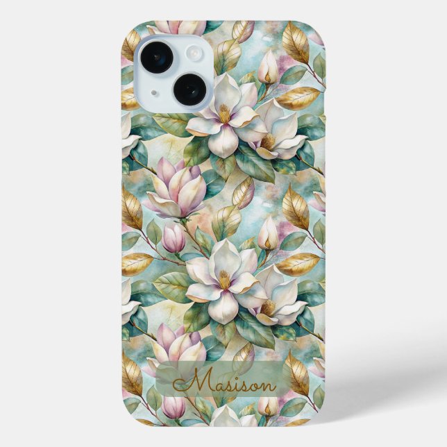 Coques Case-Mate iPhone Elegant Magnolias Flowers Gold with Name (Verso)