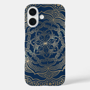 Coque Pour iPhone 16 Elégant Mandala Art Boho Gold et Navy Blue Luxury