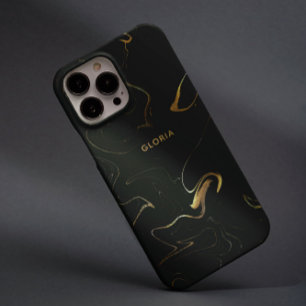 Coques iPhone 16 Pro Élégant Marbre doré sur effet noir Nom personnalis