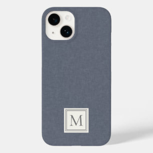 Coque Pour iPhone 14 Élégant Minimaliste Bleu Gris Lin Faux Monogramme