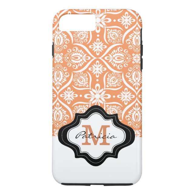 Coques Case-Mate iPhone Élégant modèle de damas orange Monogramme personna (Dos)
