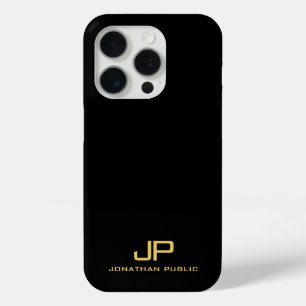 Coque iPhone 15 Pro Élégant Modèle Personnalisé Monogramme Noir Et Or