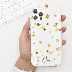 Coque Pour iPhone 15 Élégant moderne White Gold Stars Script avec nom