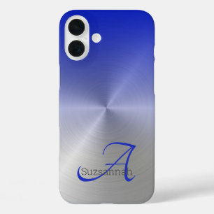 Coques iPhone 16 Plus Elegant Monogram Nom Blue ombre Faux metal