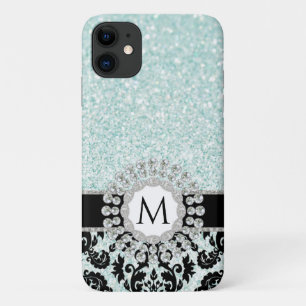 Case-Mate iPhone Case Élégant Monogramme bleu de Bling Aqua Damask Vin