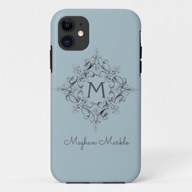 Coques Case-Mate iPhone Élégant Monogramme classique bleu Coque-Mate iPhon (Dos)