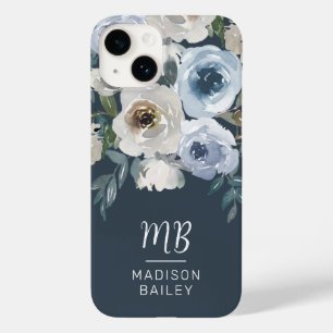 Coque Pour iPhone 14 Élégant Monogramme d'aquarelle bleu floral marine