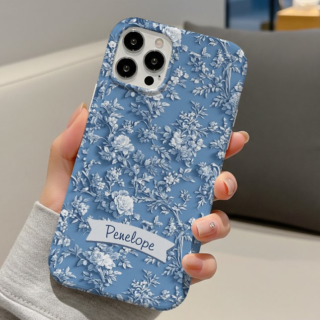 Coques Case-Mate iPhone Élégant monogramme de chinoiserie florale bleue (Créateur téléchargé)