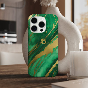 Coques iPhone 16 Pro Élégant Monogramme de marbre vert or