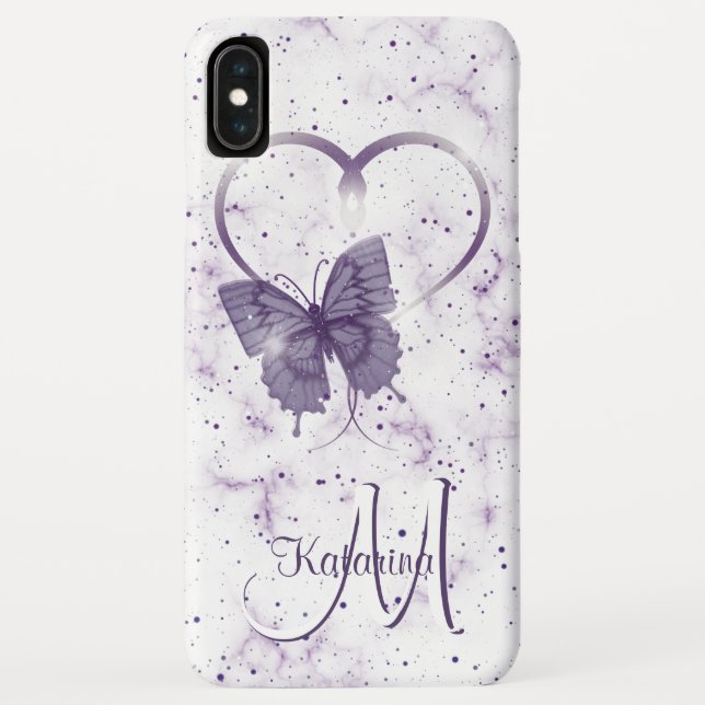 Coques Case-Mate iPhone Élégant monogramme de papillon mauve, de coeur et  (Dos)