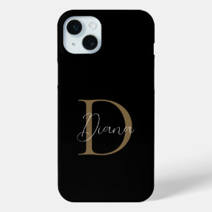 Coque iPhone 15 Mini Élégant Monogramme de sommier noir Mossy Gold Scri