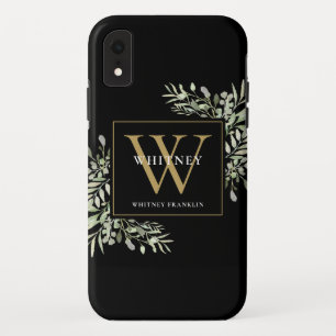 Case-Mate iPhone Case Élégant monogramme doré sur fond noir avec feuilla