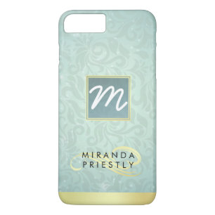 Coque iPhone 8 Plus/7 Plus Élégant Monogramme Faux Or Turquoise Damas Floral