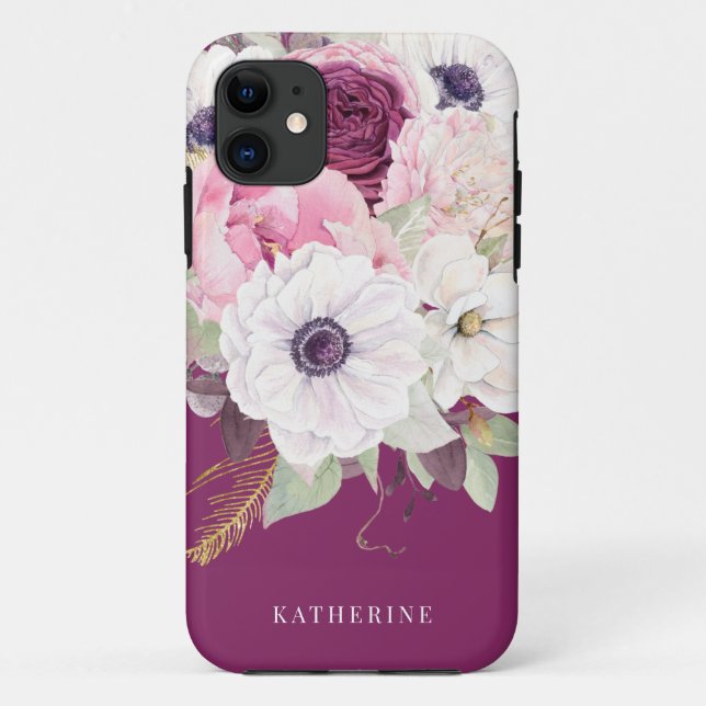 Coques Case-Mate iPhone Élégant Monogramme floral Bourgogne (Dos)