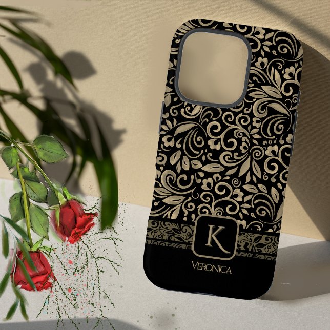 Coques Case-Mate iPhone Élégant Monogramme floral noir et or (Elegant Black& Silver Floral Monogram Case-Mate iPhone Case)