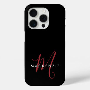 Coque iPhone 15 Pro Élégant Monogramme moderne noir rouge