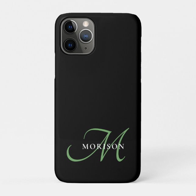 Coques Case-Mate iPhone Élégant Monogramme moderne noir vert Script (Dos)