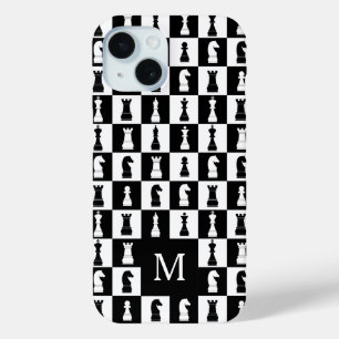 Coque Pour iPhone 15 Élégant Monogramme Motif d'échecs noir et blanc