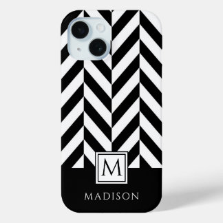 Coque Pour iPhone 15 Élégant Monogramme noir et blanc